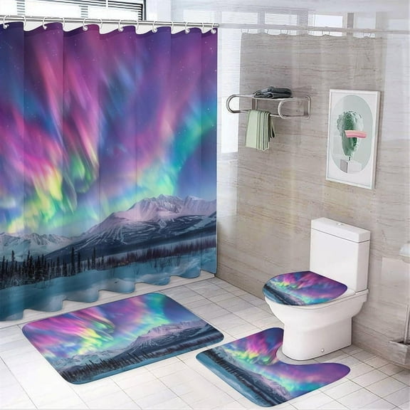 4 Pcs Colourful Northern Lights Shower Curtain Set with Rugs, Include Bathroom Non-Slip Floor Mat, U-Shaped Bath Rug and Toilet Cover Lid with 12 Hooks