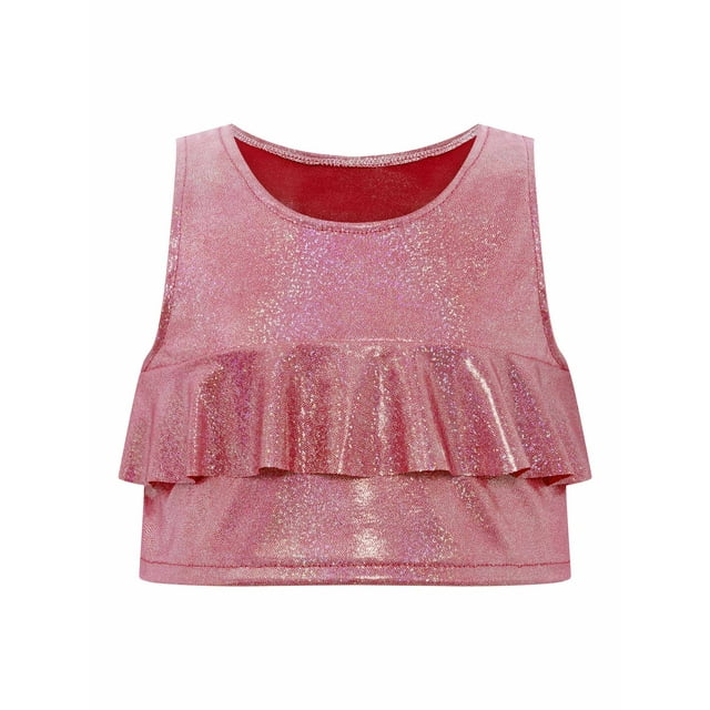 YiZYiF Débardeur Métallisé à Volants pour Filles Sans Manches, Danse Jazz, Court, Col Rond, T-Shirt, Rouge, P