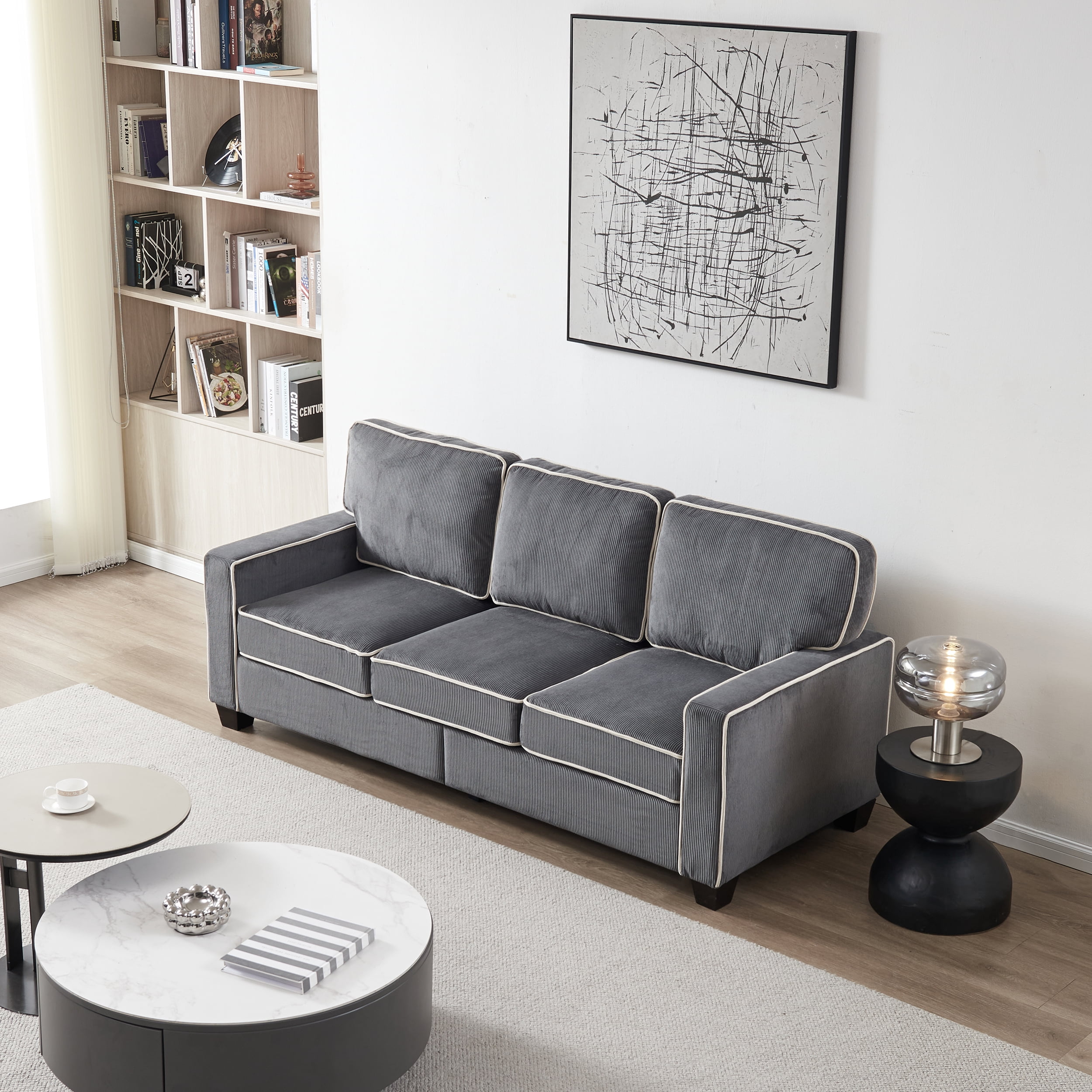 DEALTOPS Modern Sectional Sofa Corduroy Upholstered Sleeper Sofa Couch 3 Seater Sofa Chair for Living Room - Gray