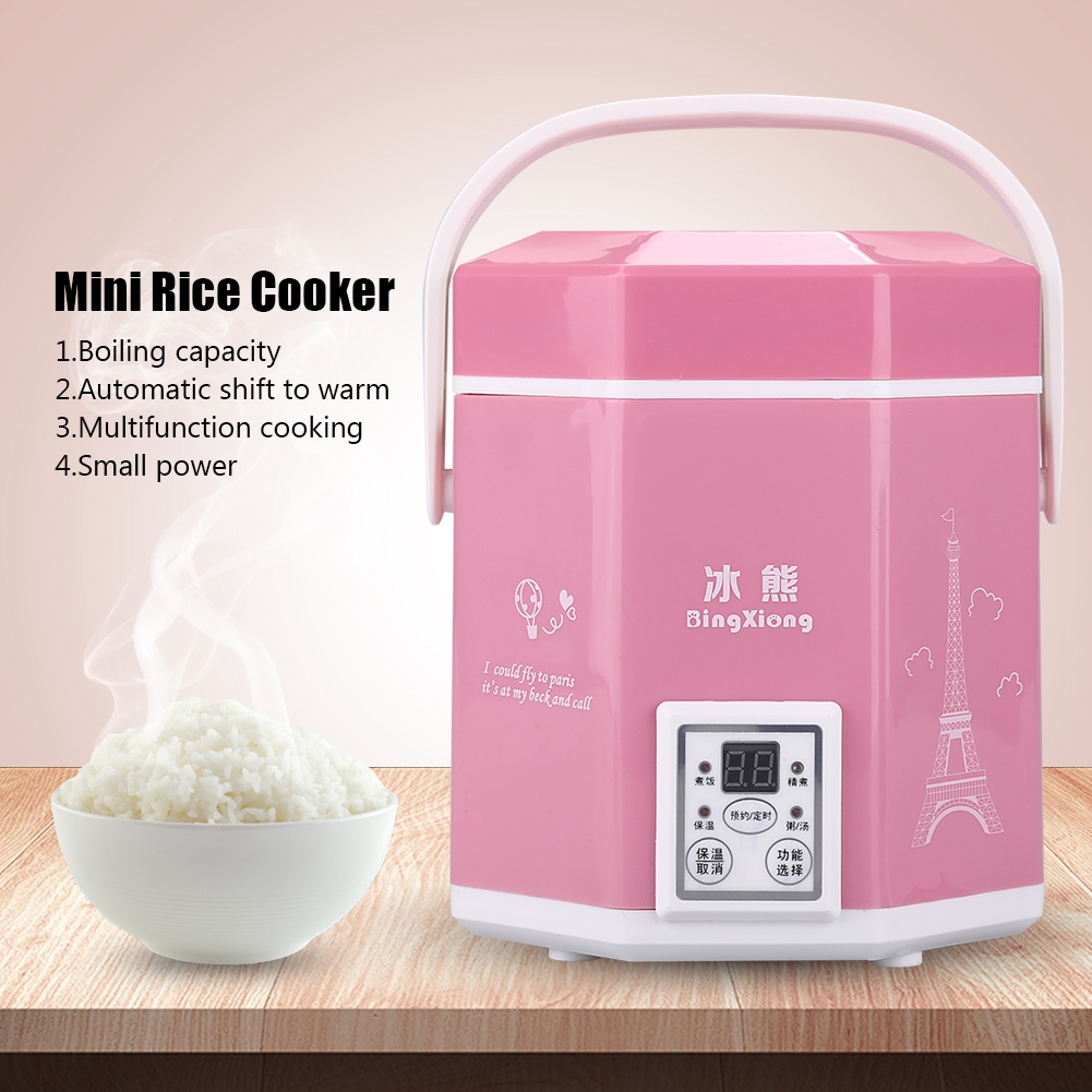 Multi-Function Cooking Pot for On-the-Go Portable 1.2L 200W Mini Rice Cooker with Dual Steaming Layer, Pink