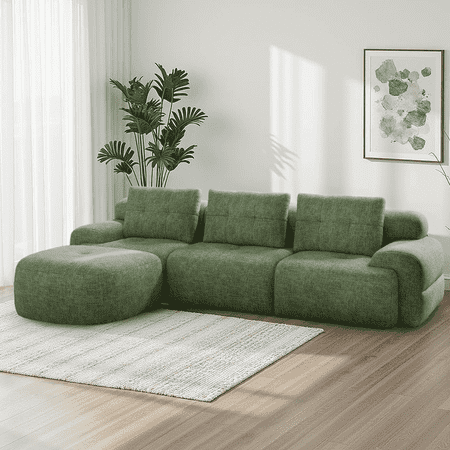 Goosea Oversized 112'' Modular Sectional Sofa with Chaise, Full Foam Structure for Comfort, Woven Texture Upholstery, Modern Living Room Couch, Compression Packaging Design, Green