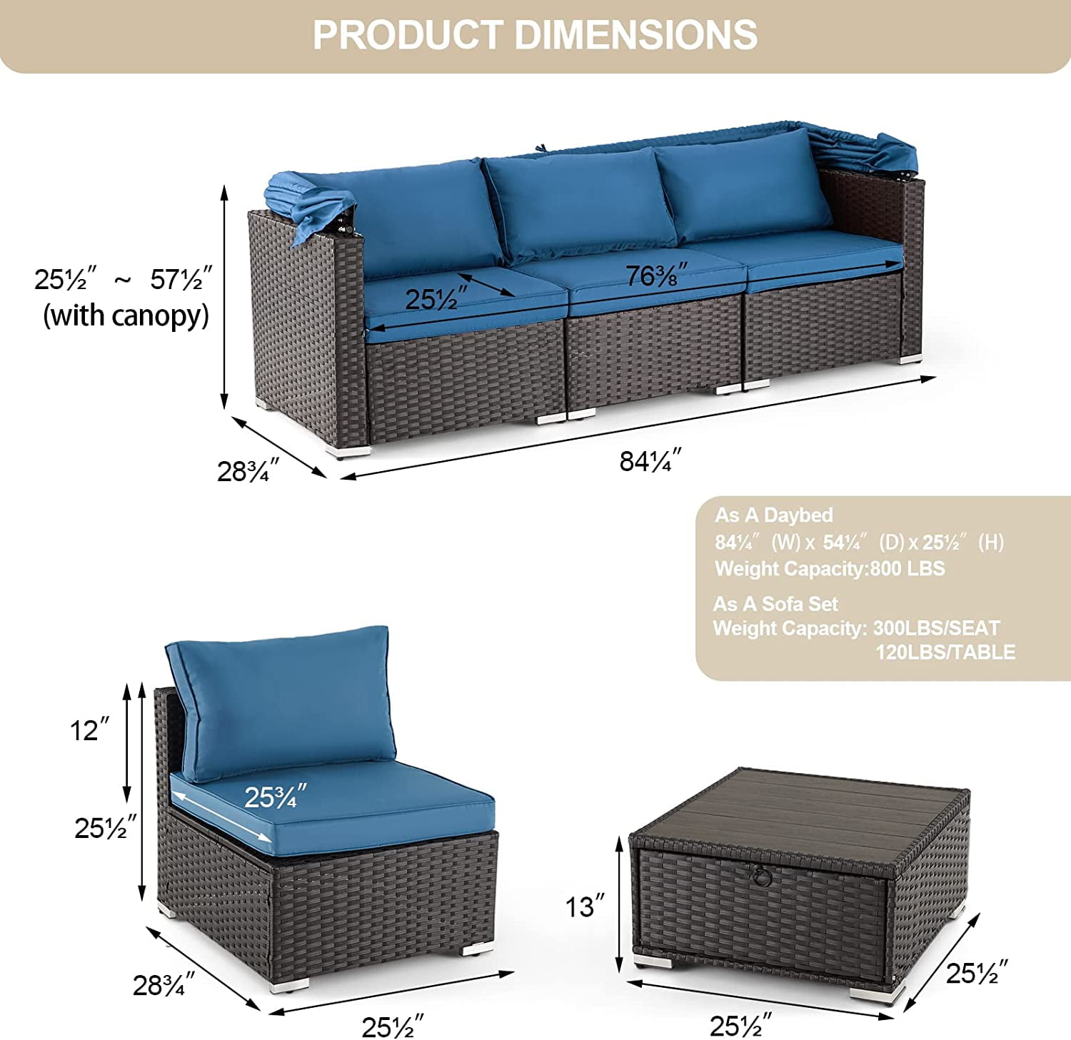 Vicluke 6 Pieces Patio Furniture Sets, Rattan Daybed with Retractable Canopy, Outdoor Sectional Sofa Set with Adjustable Backrest, Chaise Chair Sunbed for Garden Poolside Backyard（Blue）