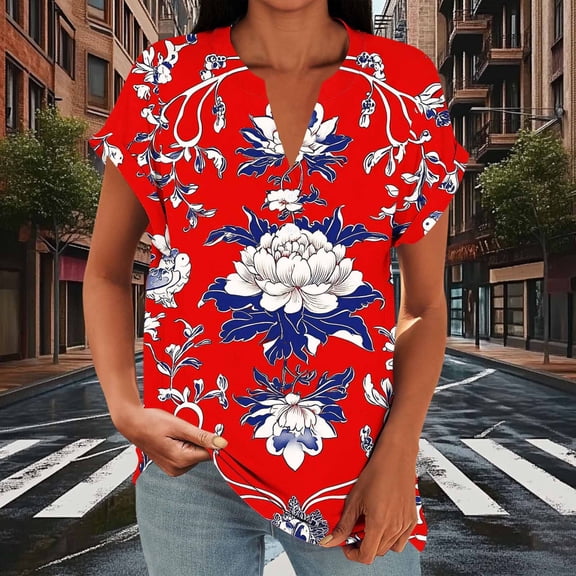 Vmvidoty Vintage Flowers V Neck Shirt for Women Boho Floral Wildflowers Graphic Tee Casual Summer T Shirt Red L