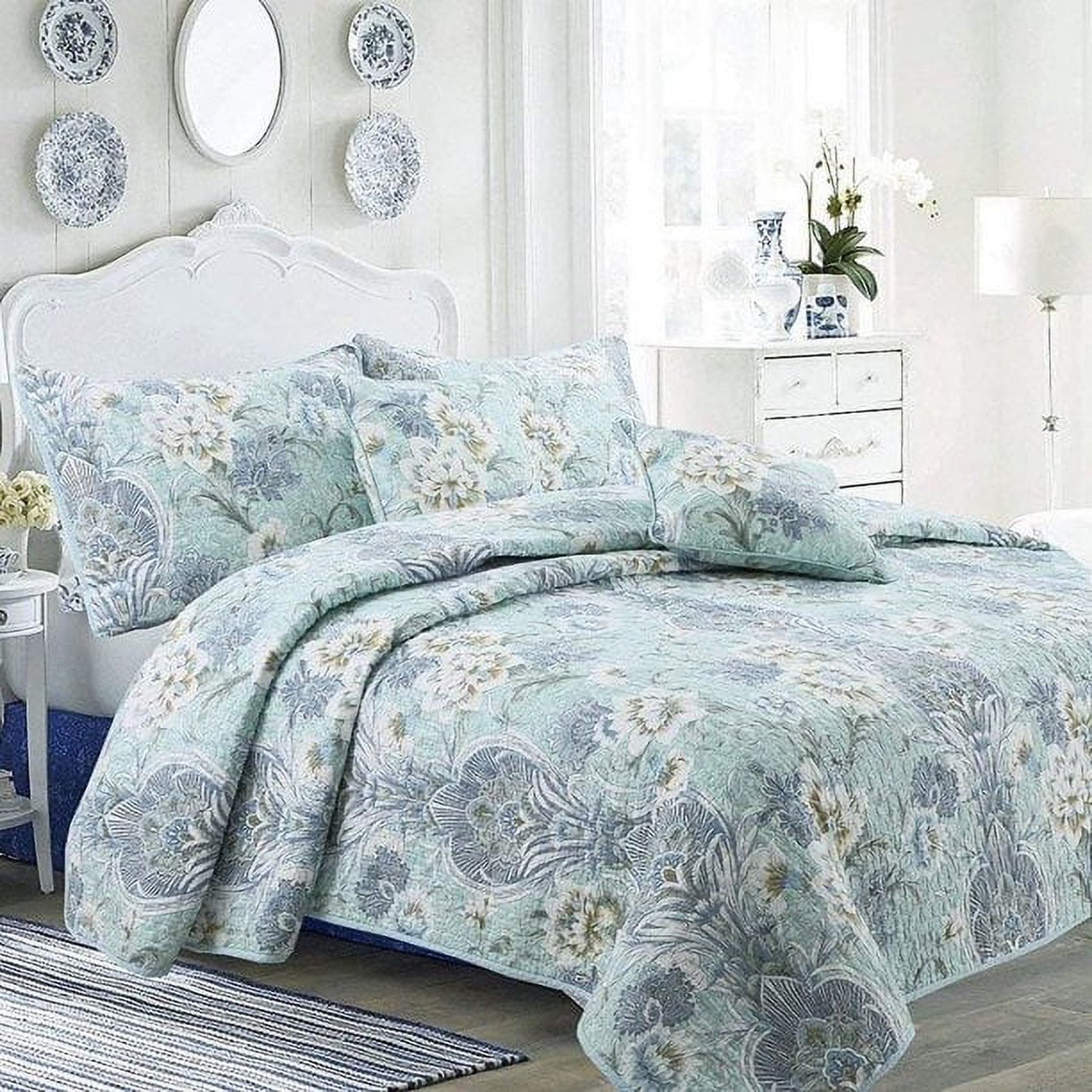 Cozy Line Jasmine Floral Porcelain Garden Vase 100% Cotton 3-Piece Reversible Quilt Set, Queen Set