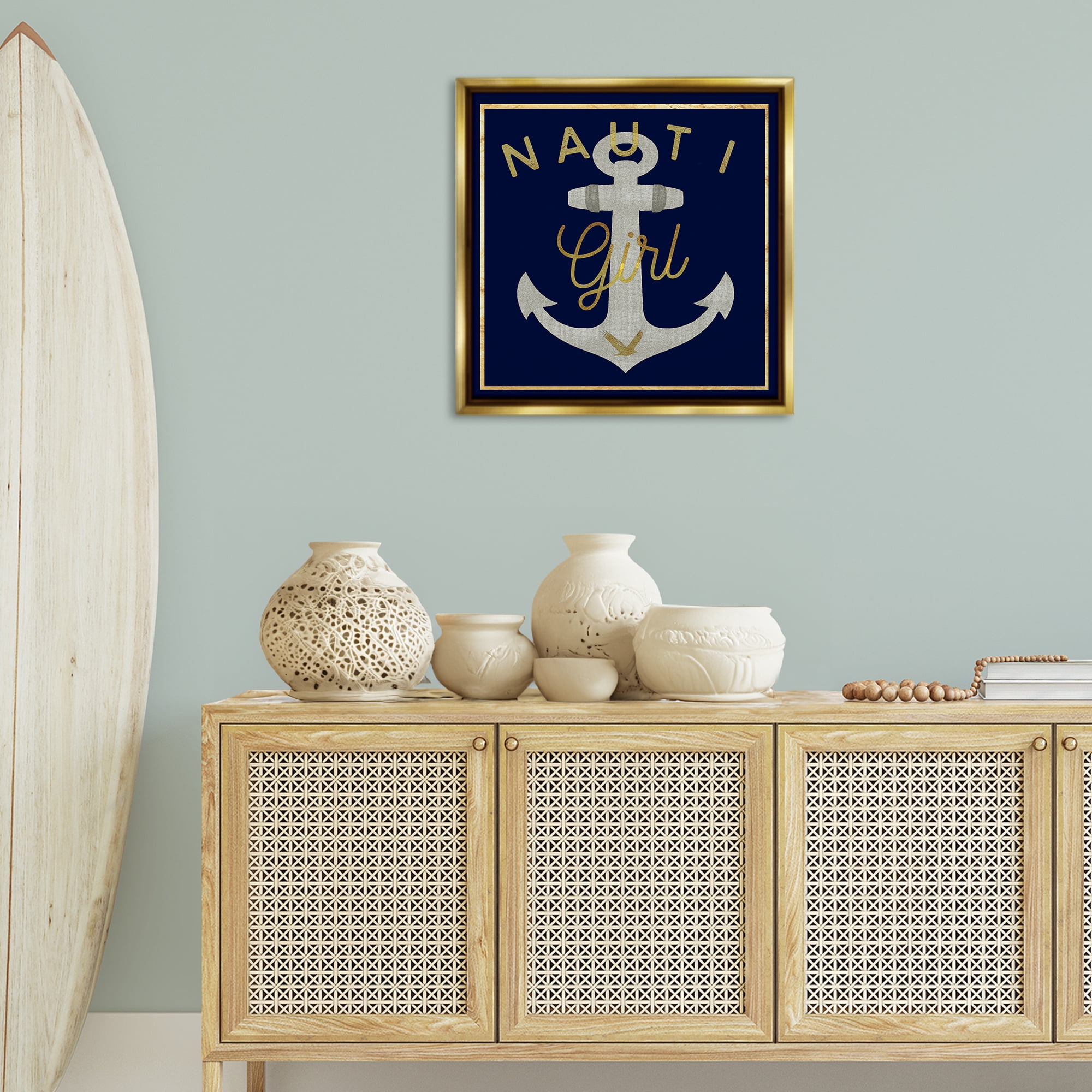 Stupell Industries Nauti Girl with Anchor Novelty & Humor Painting Gold Floater Framed Canvas Art Print Wall Art, 25 x 25