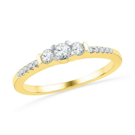3 Stone Diamond Band Size - 7 - Solid 10k Yellow Gold Round White Diamond Engagement Ring OR Fashion Band Channel Set 3 Stone Shaped Ring (1/3 cttw) ()