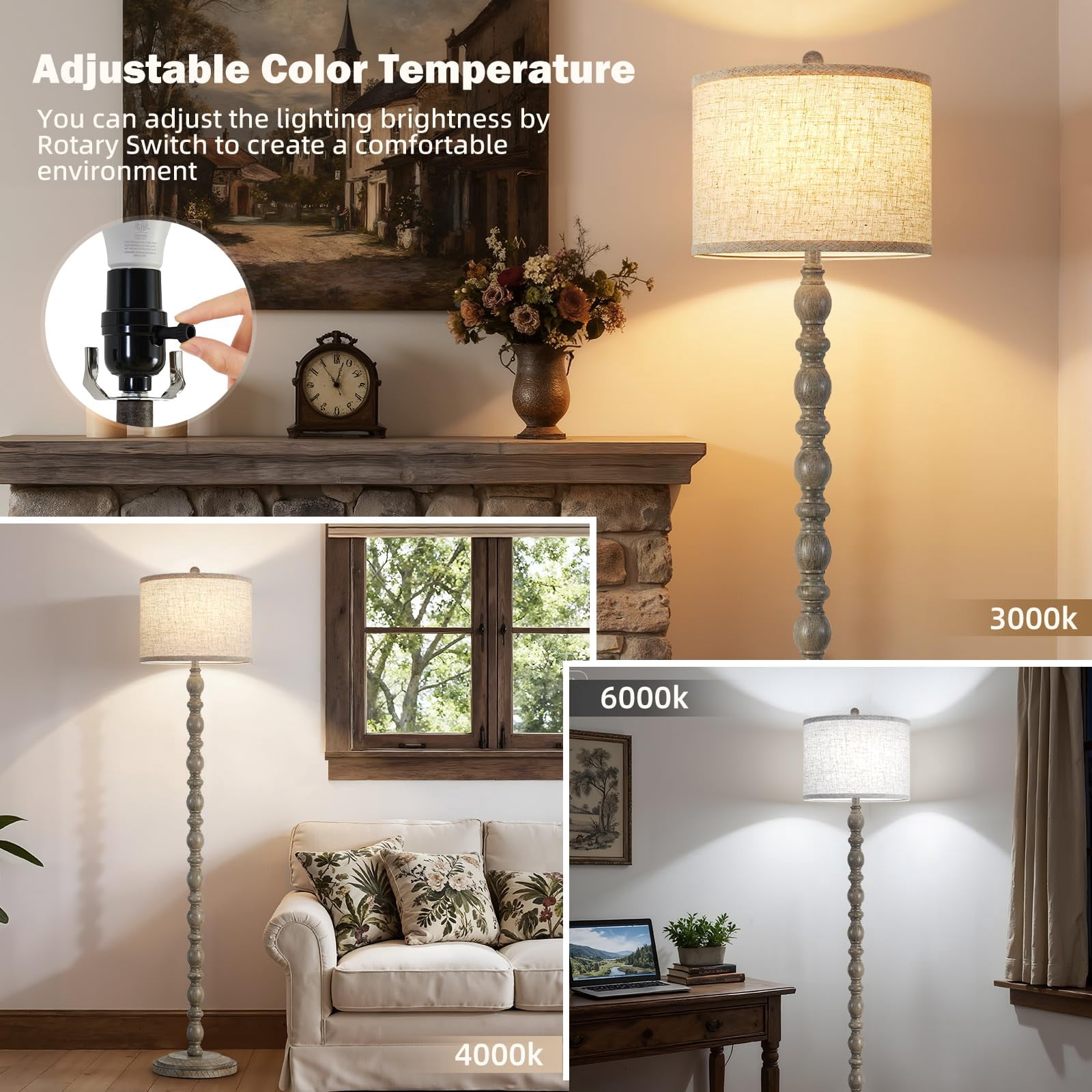 62" Floor Lamps For Living Room 3 Color Temperature Retro Standing Lamp  Vintage Farmhouse With Rotary Rustic Tall Bedroom Office Corner(light Gray)