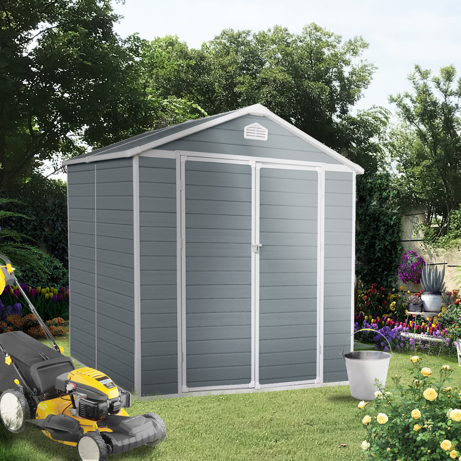 Alvantor 8 x 6 Ft Resin Storage Shed with Floor Plastic Garden Shed with Window and Lockable Door for Backyard, Garden, Patio Grey