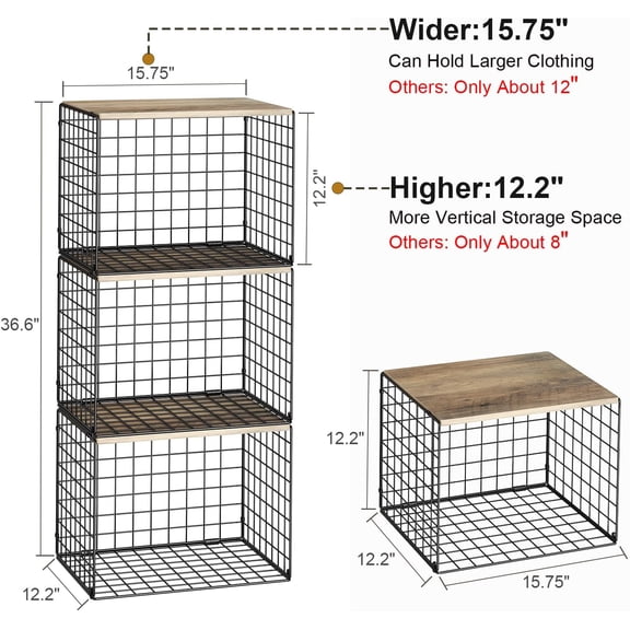 Widened & Heightened Closet Organizers And Storage Shelves With Top Board, Set of 3 Stackable Closet Shelf Organizer Storage Bin Basket For Clothes Sweaters,Space-saving, Sturdy,Wider Higher Size