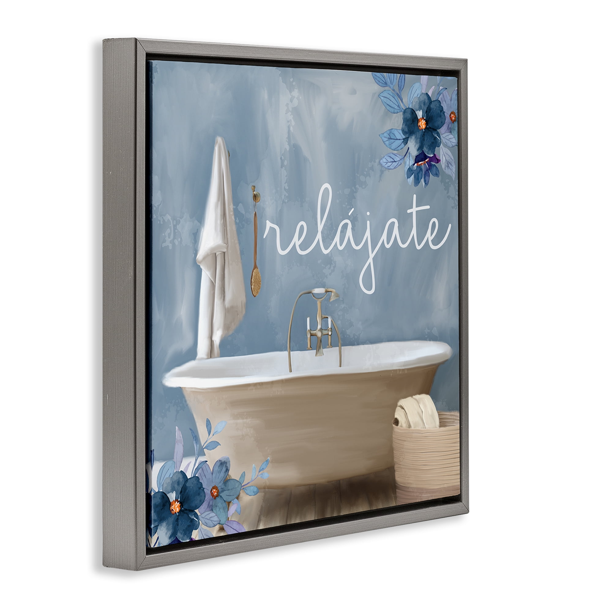 Stupell Industries Relájate con Baño Floral Bath & Laundry Painting Gray Floater Framed Art Print Wall Art, 25 x 25