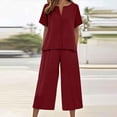 thumbnail image 2 of Linen Capri Set Women 2 Piece Outfits V Notch Short Sleeve Button Down Shirts Summer Flowy Crop Wide Leg Pants Sets, S, 2 of 7