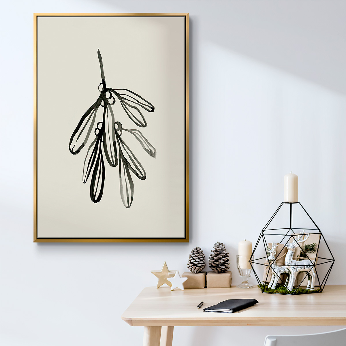 Mistletoe Sketch I - Framed Gallery Wrapped Holiday Canvas - 17 x 25 - Gold Frame
