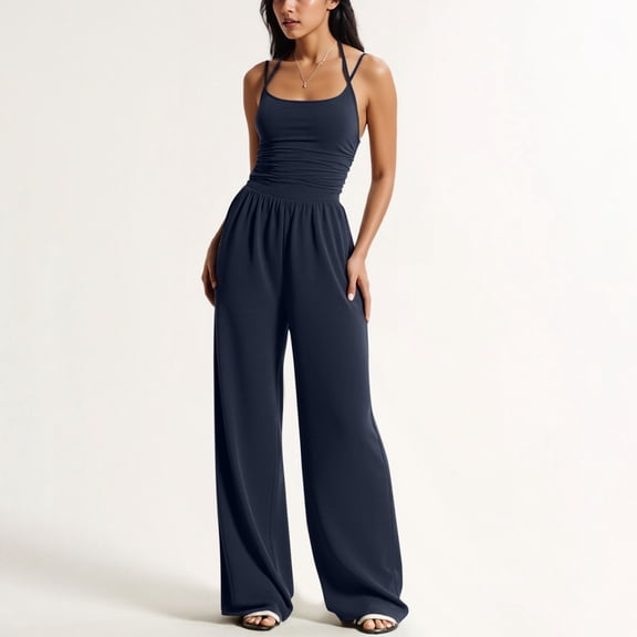 Neewe Women's Fashion Summer Jumpsuit Spaghetti Strap One Piece Outfit Wide Leg Baggy Pants Romper