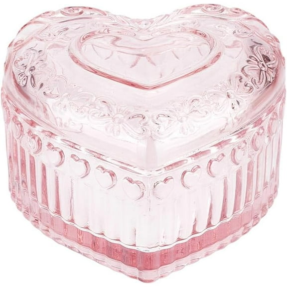 1Pc Vintage Glass Trinket Organizer Box 3.7x3.56x2.26 Inch Romantic Pink Glass Storage Box Embossed Heart Storage Boxes for Women Rings Earrings Bracelet Necklace Desk Display