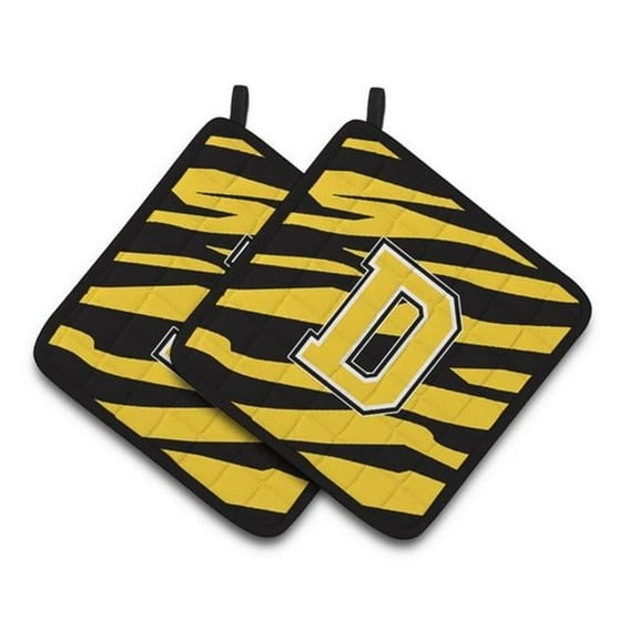 Monogram Initial D Tiger Stripe - Black Gold Pair of Pot Holders, 7.5 x 3 x 7.5 in.