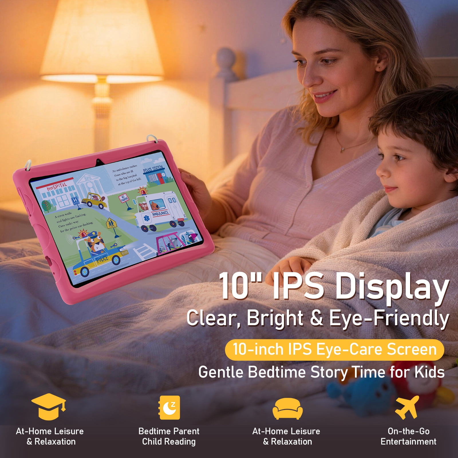 Doundy 10.1" Android 15 Kids Tablet, 6GB+64GB & Dual Camera Tablet for Kid, 6000mAh，Parent Control, Child Education Tablet with Wilanyard(Pink)