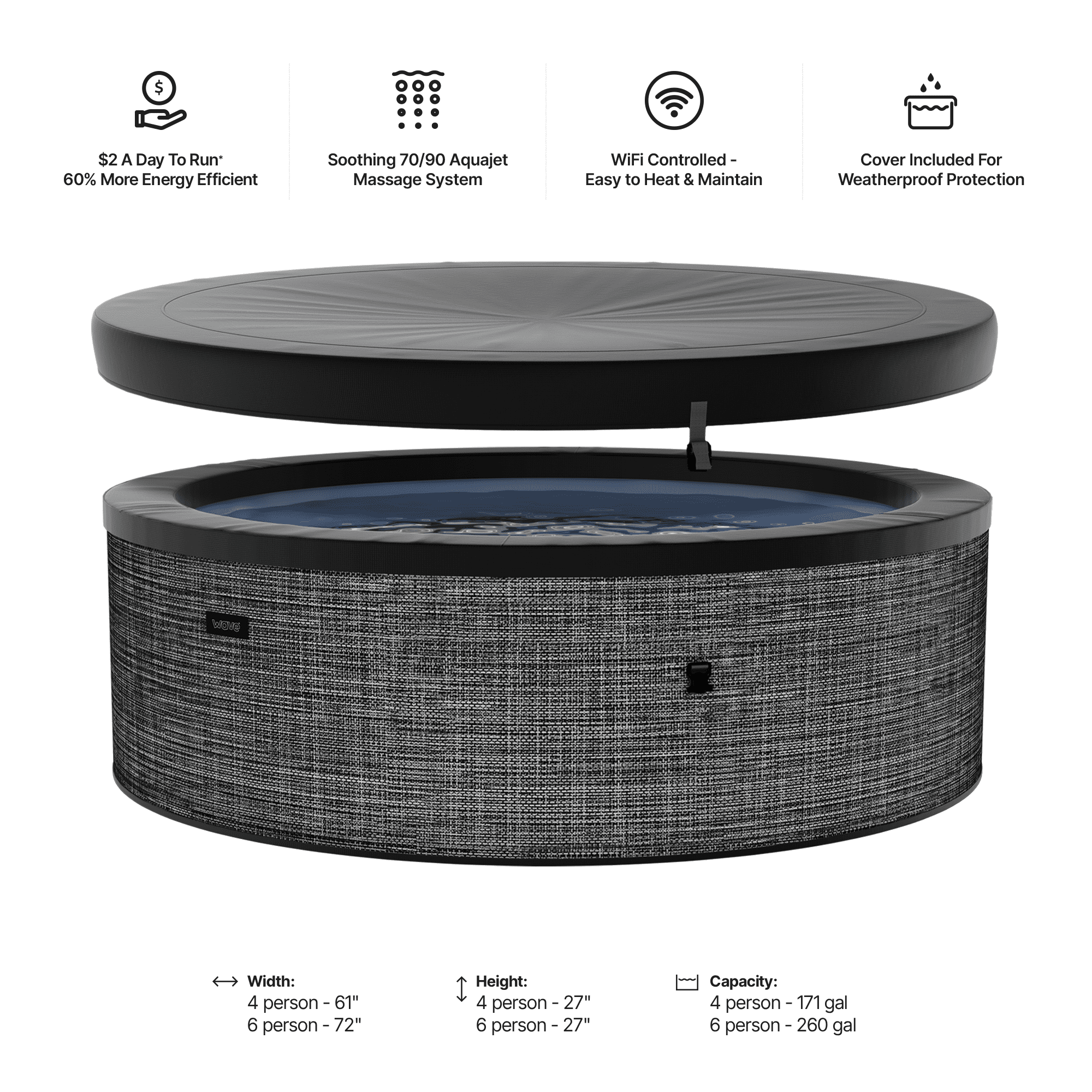 Wave Tahoe 4-Person Round Eco Foam Hot Tub, EnergySave Bundle | 70-Jet | Flint Gray