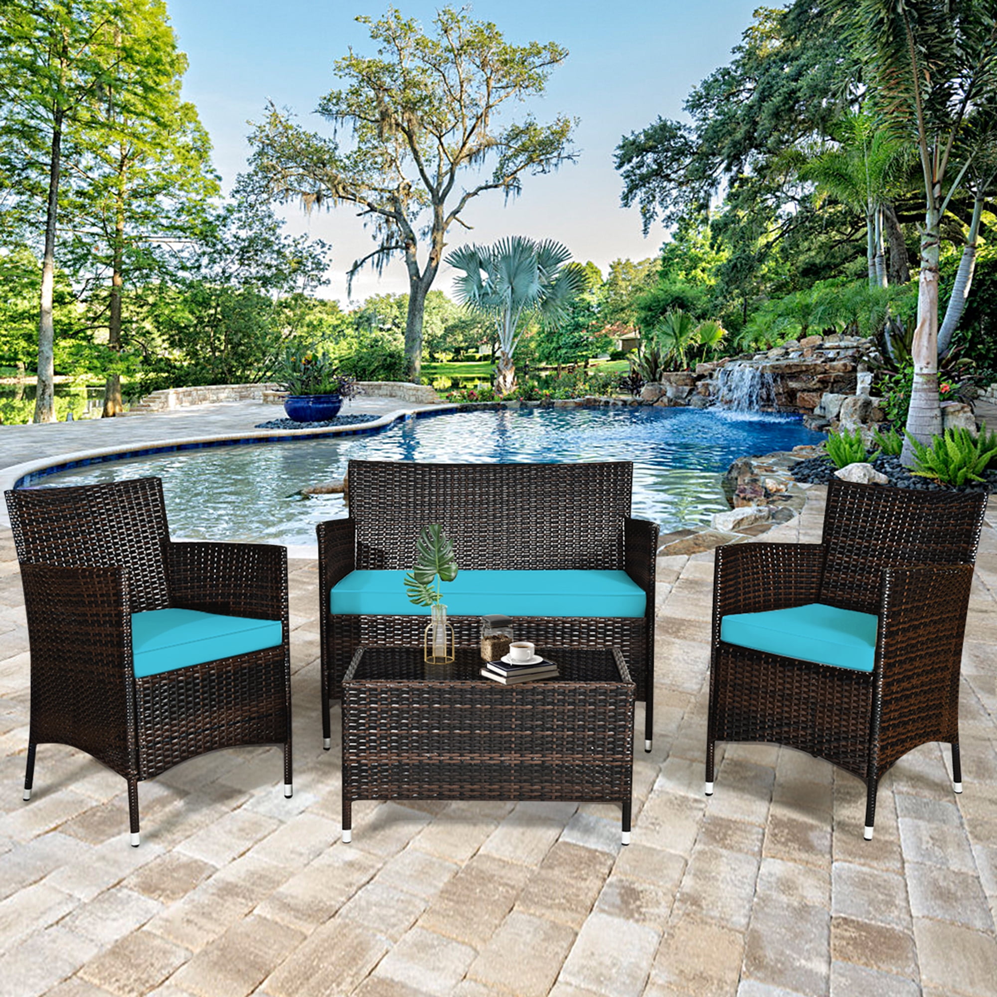 Gymax 4pcs Patio Rattan Conversation Furniture Set Outdoor W Turquoise Cushion 