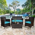 thumbnail image 1 of Gymax Ensemble de Conversation en Rotin pour Patio 4 Pcs, Extérieur, avec Coussin Turquoise, 1 of 10