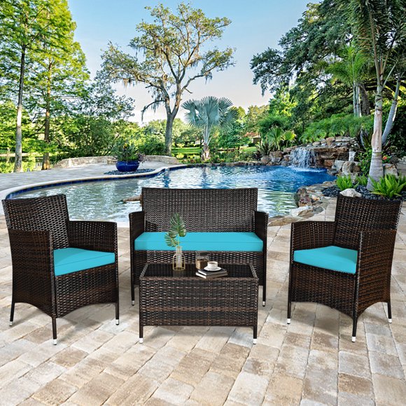 Gymax Ensemble de Conversation en Rotin pour Patio 4 Pcs, Extérieur, avec Coussin Turquoise