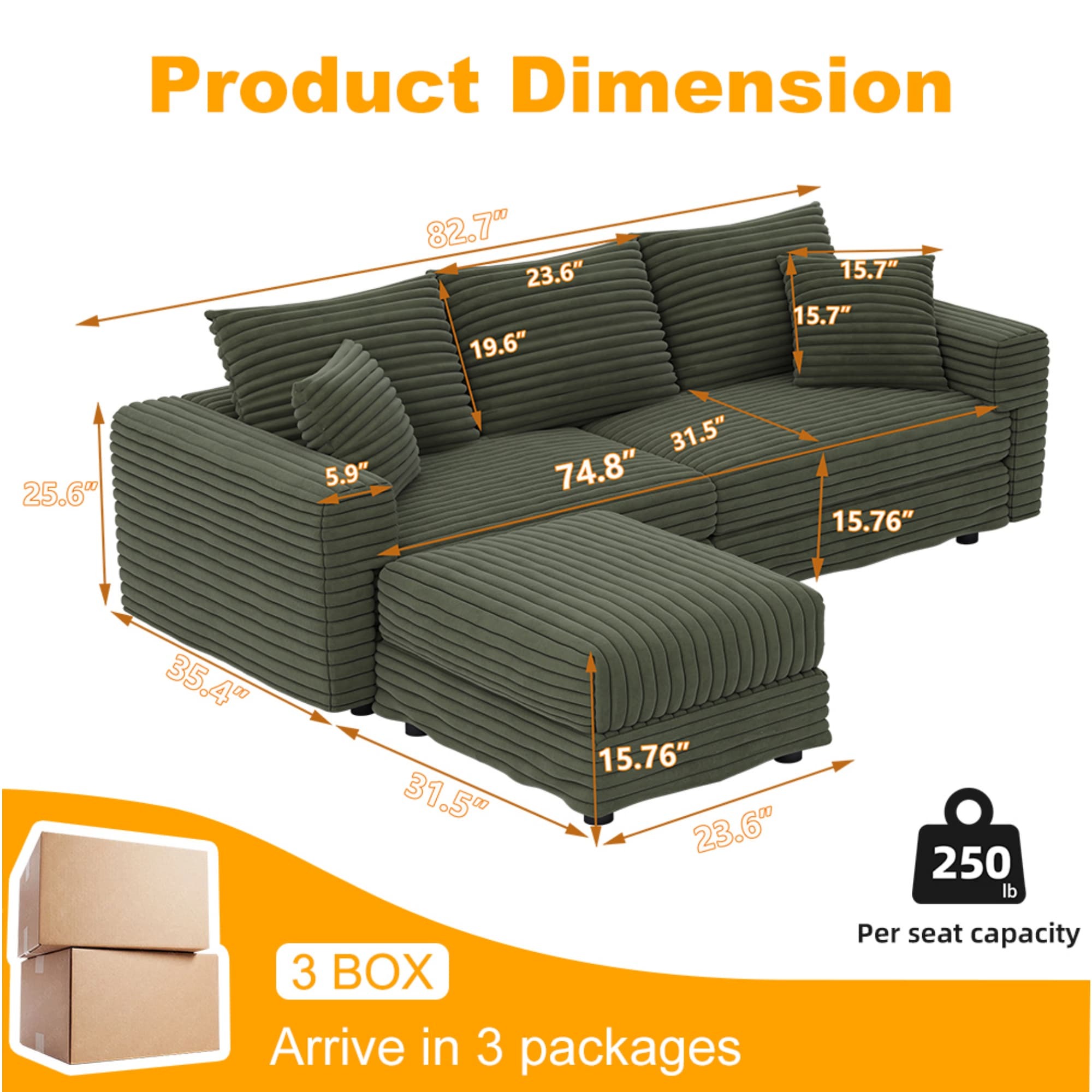 Alvantor 3-Seat Sofa with Movable Ottomans 83 " W Corduroy Upholstered Deep Seat Couches L Shaped Convertible Chaise for Living Room, Apartment Green