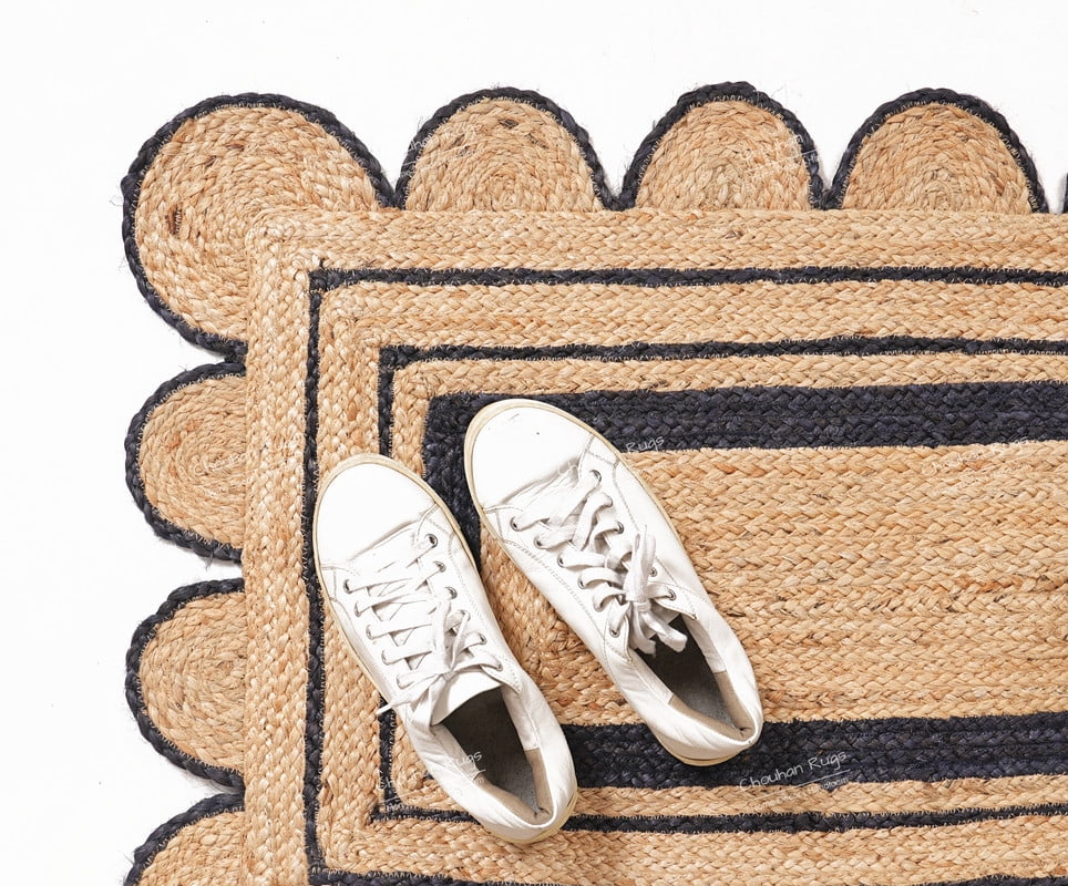 Rectangle Scalloped Jute Rug Beige And Navy Blue Color Area Rug Bohemian Jute Rug