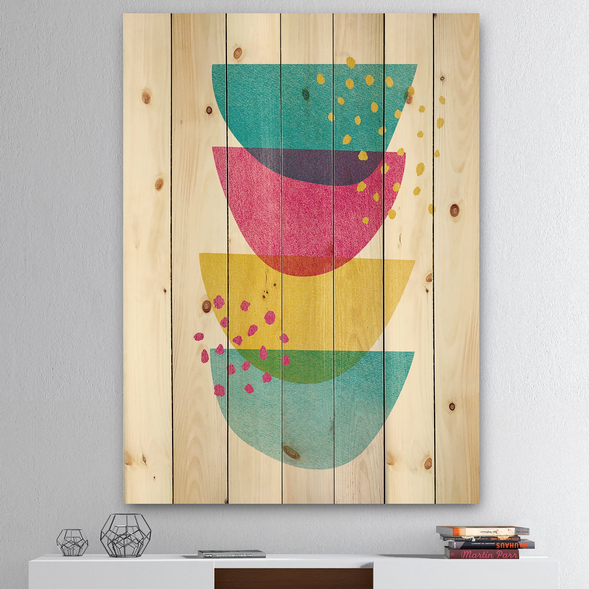 Designart 'Minimal Spots Balance III' Mid-Century Modern Print on Natural Pine Wood