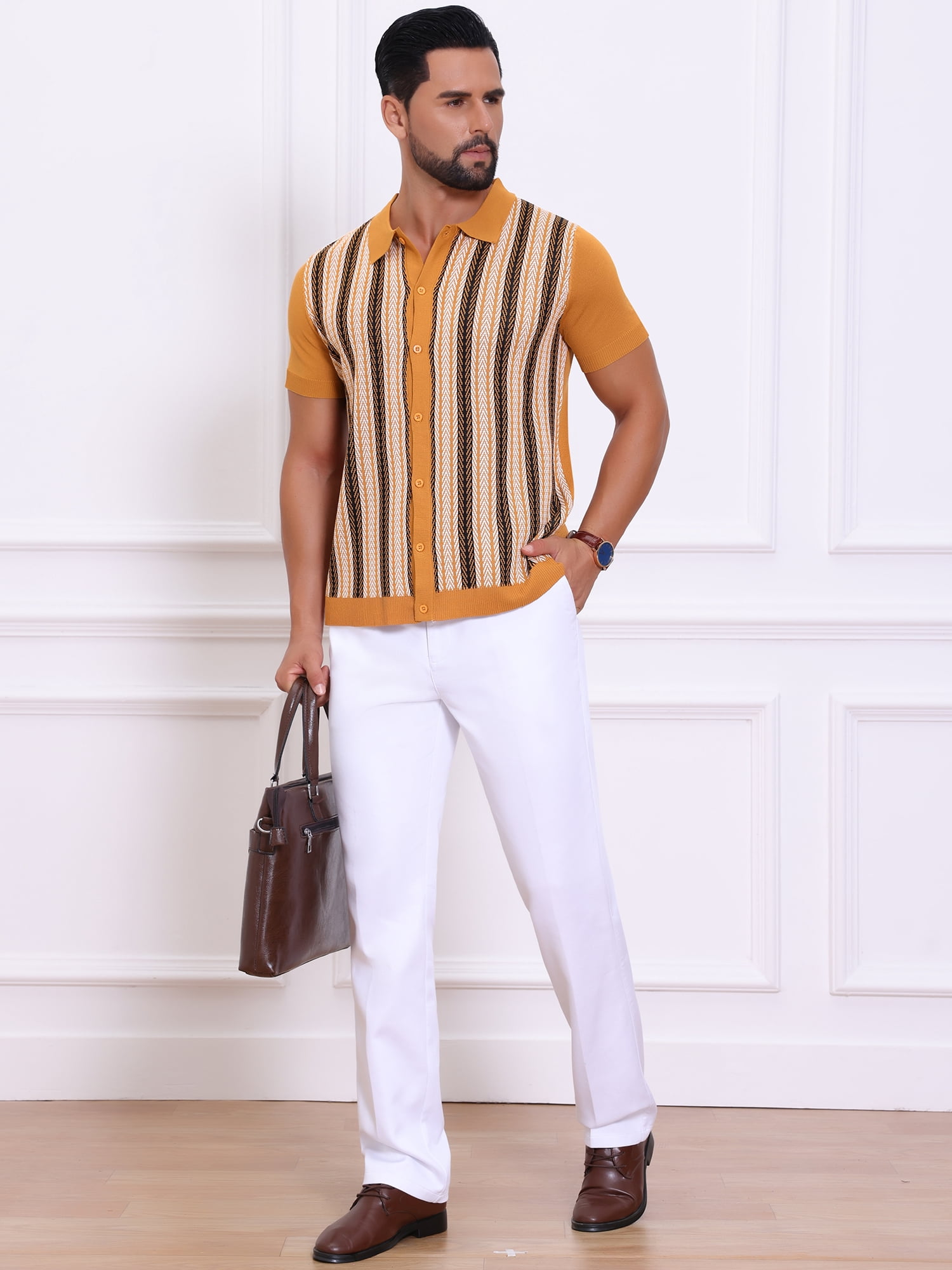 DARING DIVA Men's Striped Short Sleeves Button Down Jacquard Polo Shirts S Dark Yellow