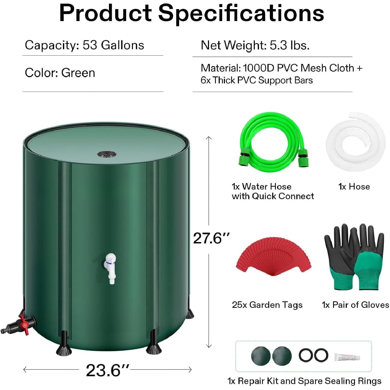 Collapsible Rain Barrel, 53 Gallon with 1000D Oxford Cloth, Portable Rain Collection System, Water Barrel Collector w/Filter Spigot