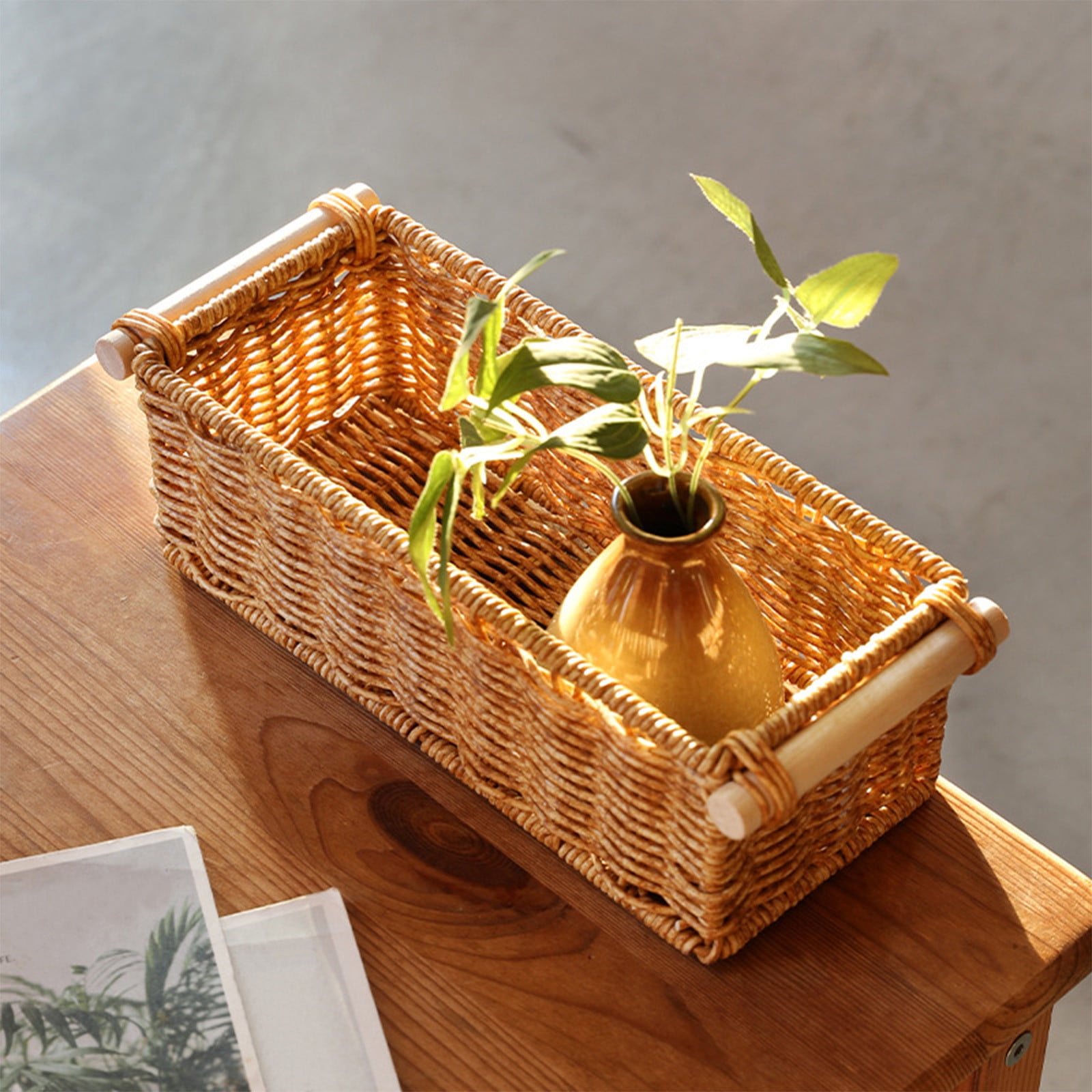 Hand Woven Seagrass Desktop Storage Basket with Handles for Bathroom Kitchen Home Office Counter Organizer for Toiletries Snacks Stationery Natural Rustic