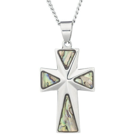 SJewelry tainless Steel Cross Religious Pendant with Mother of Pearl Abalone Inlay, 24 Chain