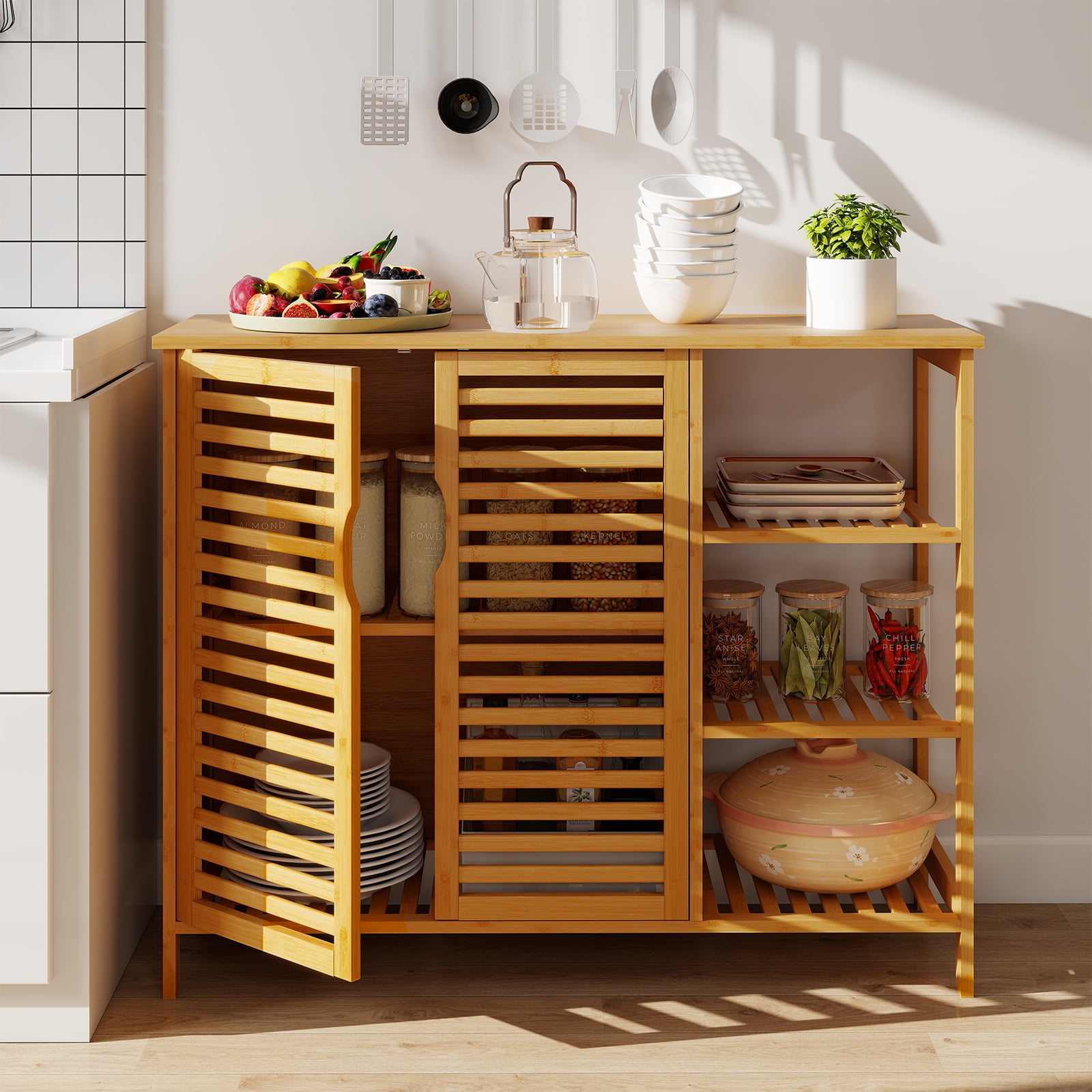 Gymax Bamboo Bathroom Cabinet 2-Door Storage Organizer w/ Shelves Natural