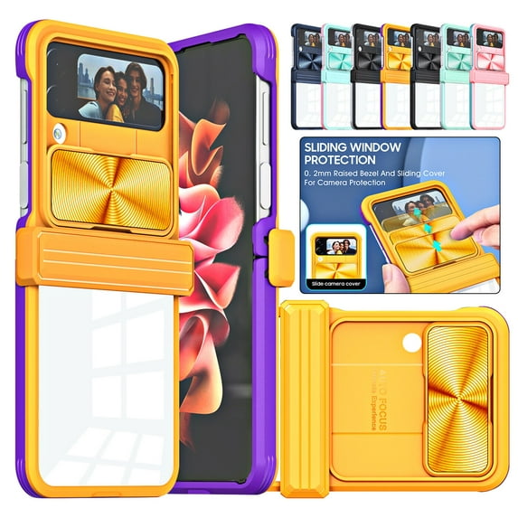 For Samsung Galaxy Z Flip 4 2022 TPU Stand Case Cover, Hinge Protection Shockproof Luxury Hard PC Full Body Slide Camera Lens Case Cover