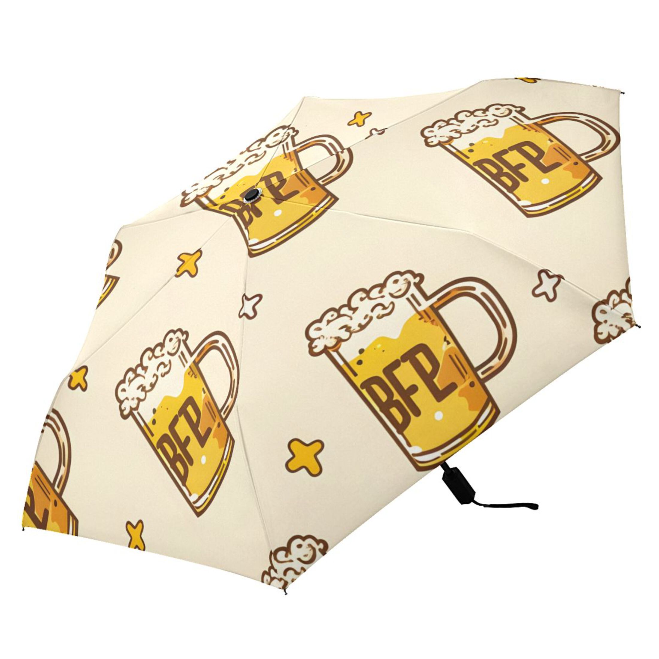 Cartoon Beers and Stars All Weather Umbrella Triple Folding Parasol 6 Ribs UV Protection Portable