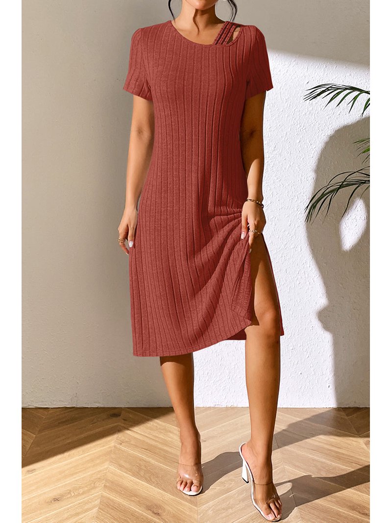 Women's Ribbed Knit Dress with Asymmetrical Neck Short Sleeves Knee Length Casual Urban Wear 95% Polyester 5% Spandex
