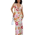 thumbnail image 2 of Vestido lencero Tsseiatte para mujer, sin mangas, cuello en V, con lazo, estampado floral, largo, de encaje y patchwork, para verano, 2 of 7