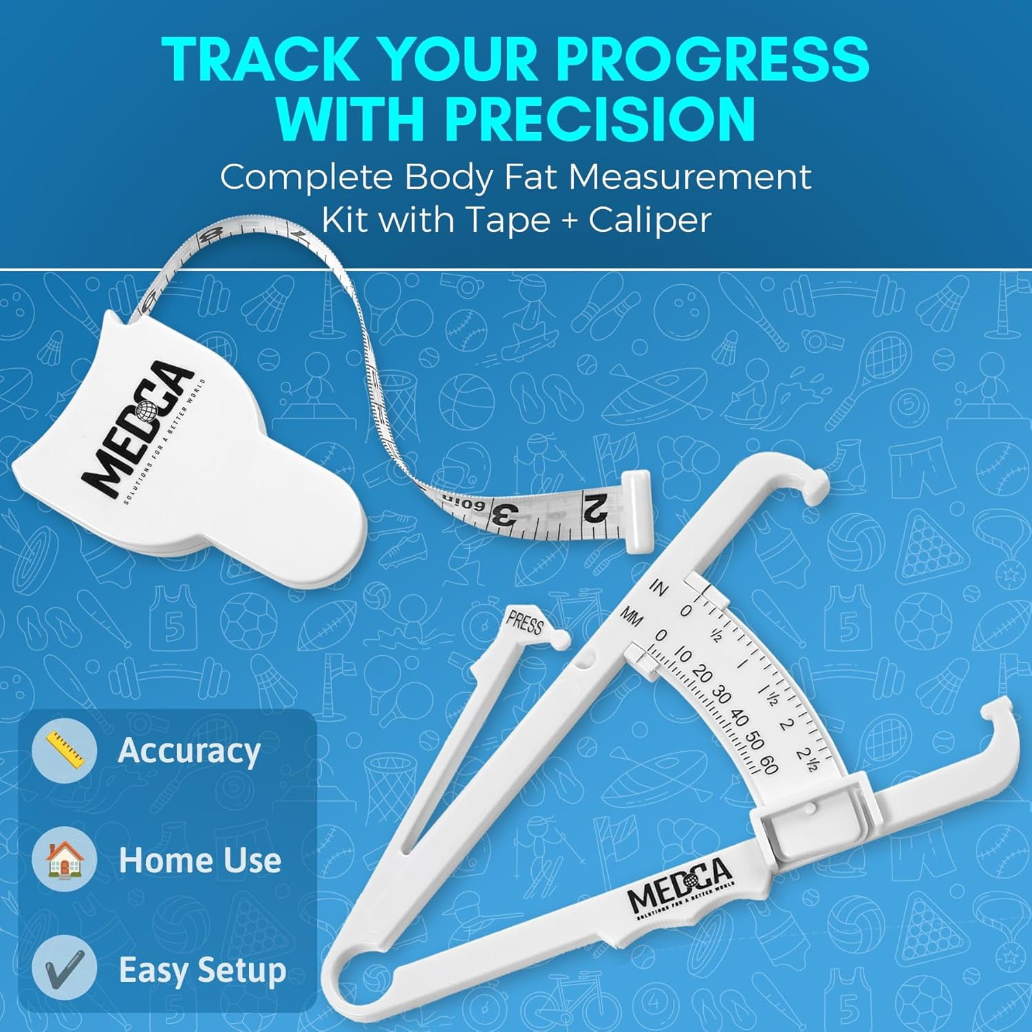 Body Fat Caliper & Measuring Tape Set for Body Measurement, Skinfold Calipers with Body Tape Measure for Fitness & Weight Loss Tracking, White, Case of 50