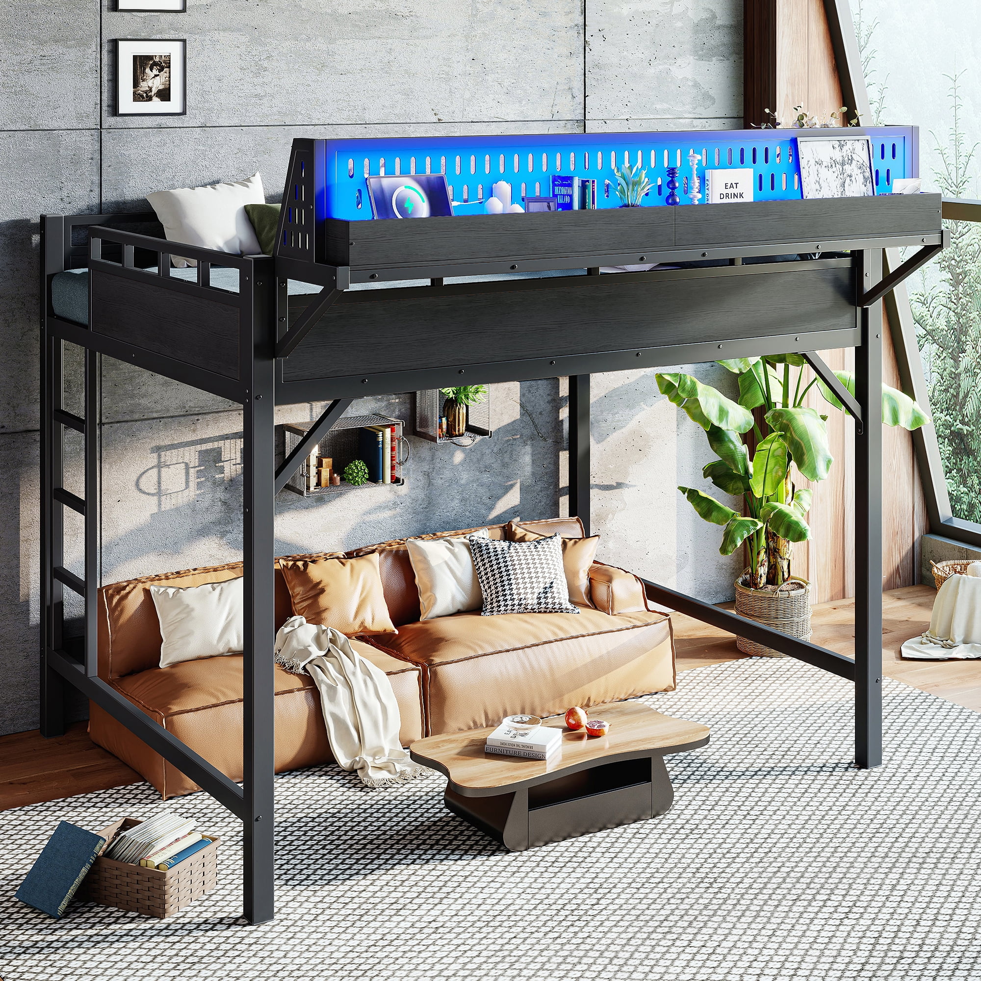 Leumius Queen Size Loft Bed with Storage Shelves and Pegboard,Metal Loft Bed Frame with USB Ports and LED Lights,Black