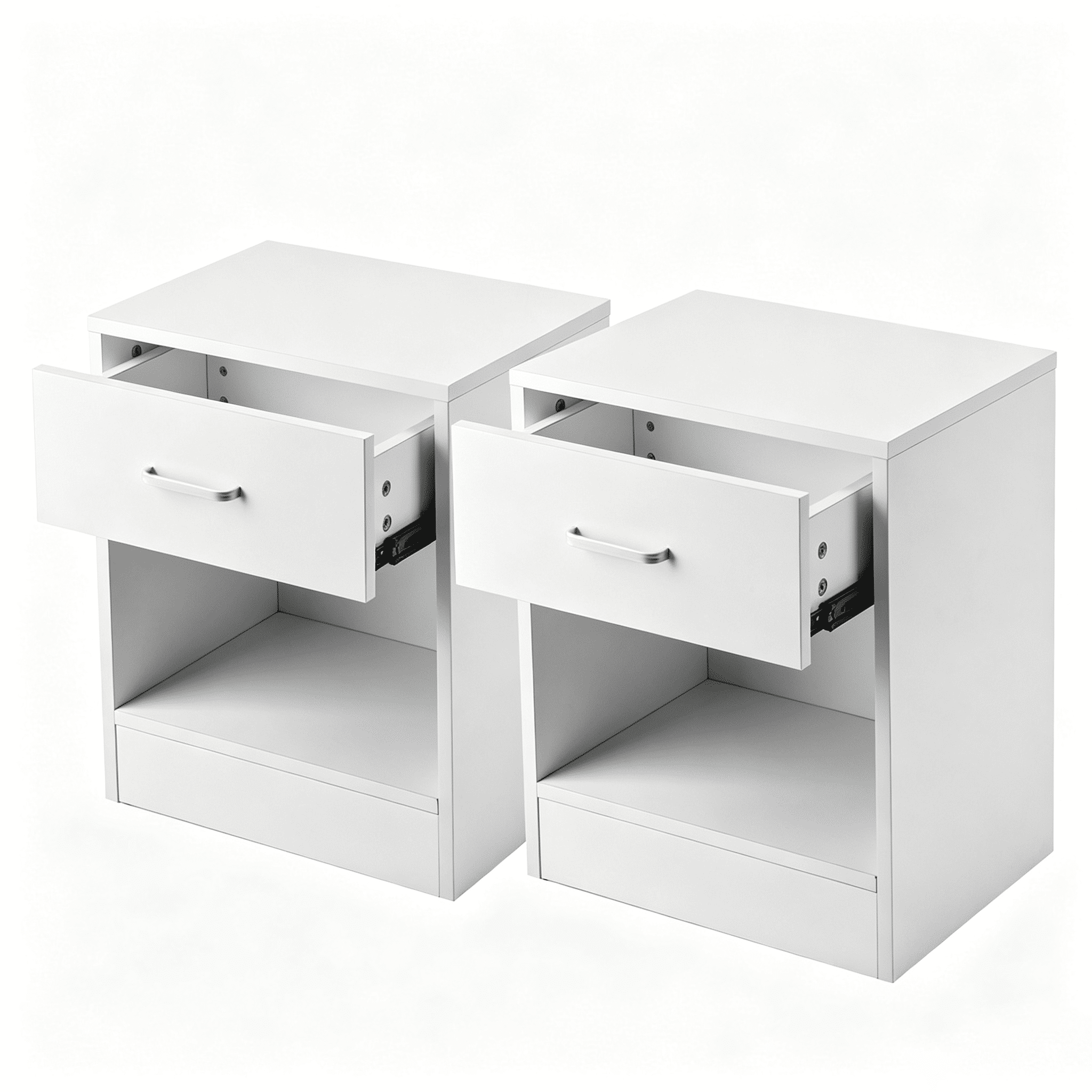 1-Drawer Bedside Table with Open Storage Space 2pcs Particleboard with Textured Melamine Surface Storage Cabinet, 15.75*11.81*19.69in, White