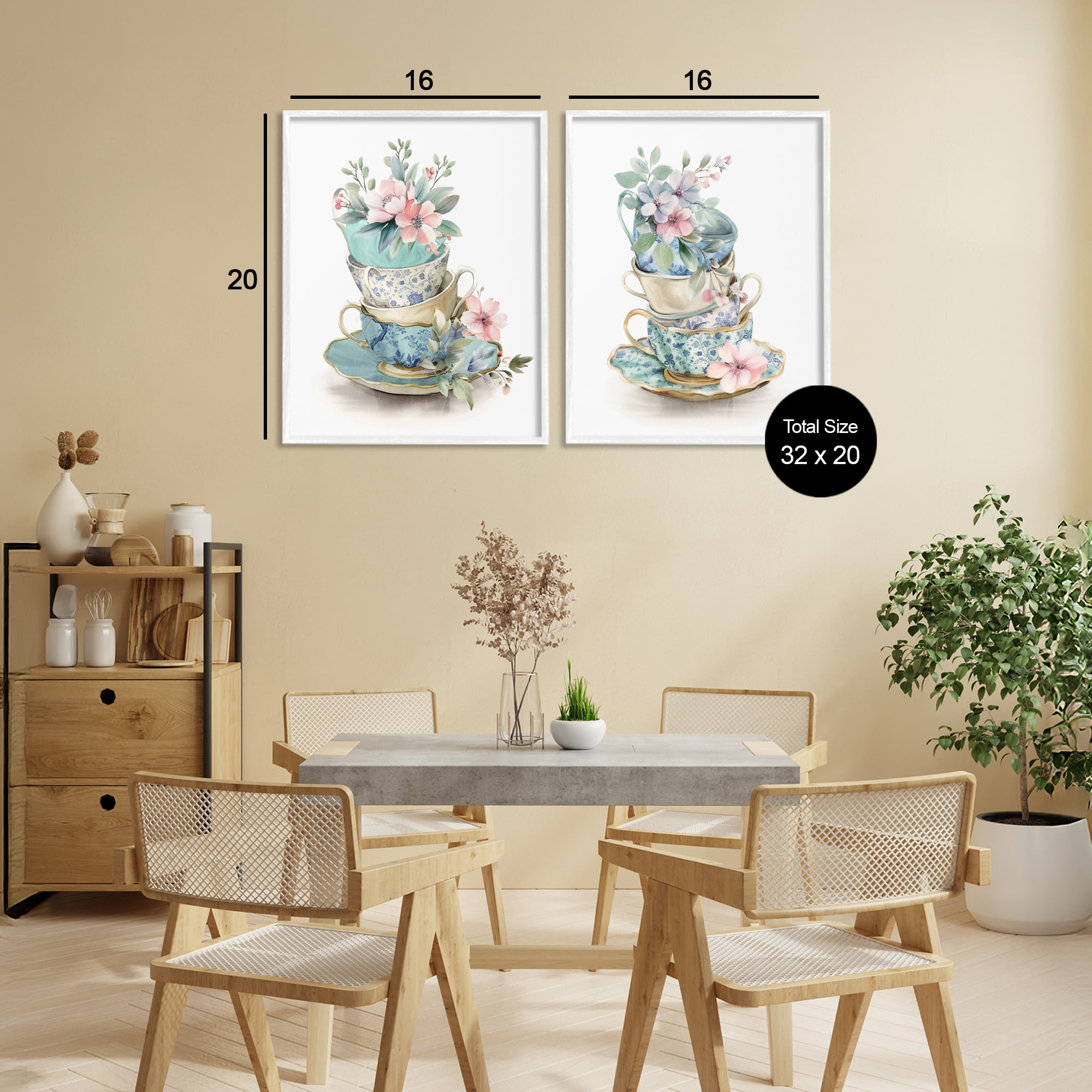 Stupell Industries Stacked Teacup Chinoiserie 2 Piece White Framed Giclee Art Set, design by Kim Allen