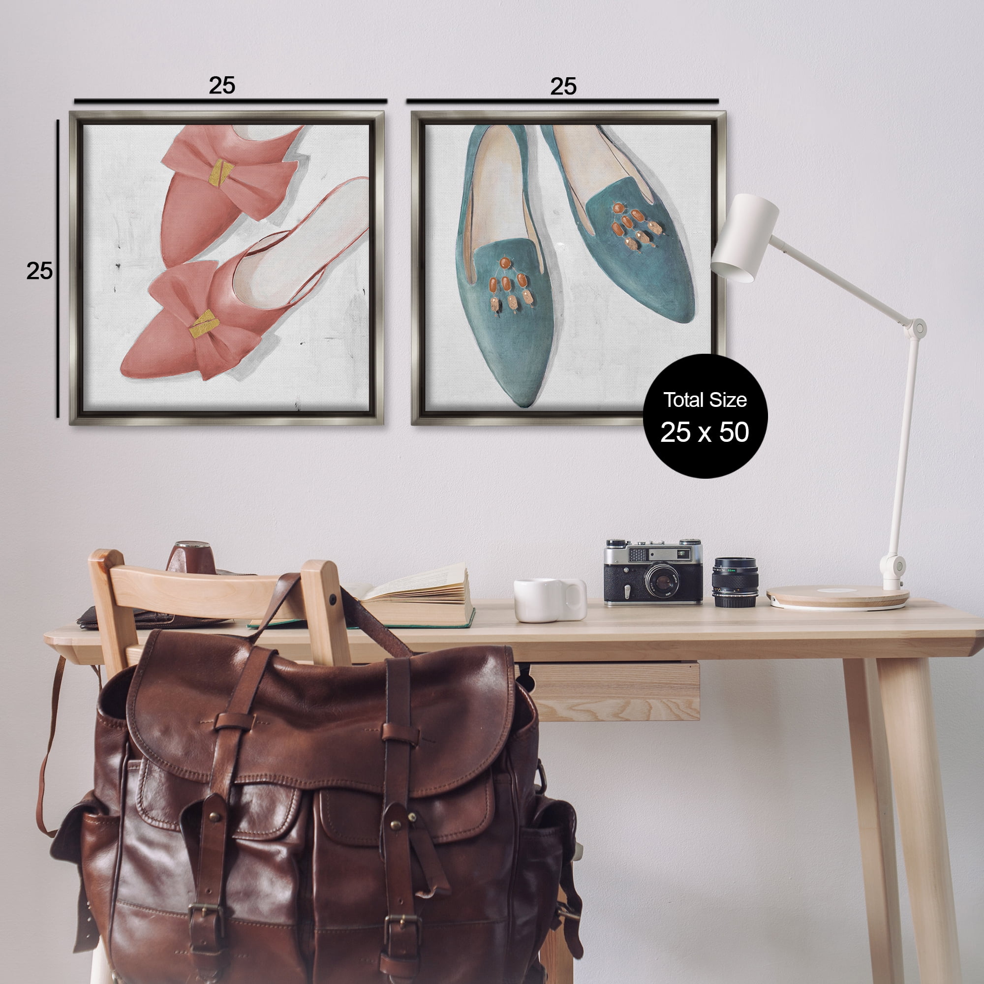 Stupell Industries Pink & Blue Fashion Flats Fashion Painting Gray Floater Framed Canvas Art Print Wall Art, 25 x 25, Set of 2