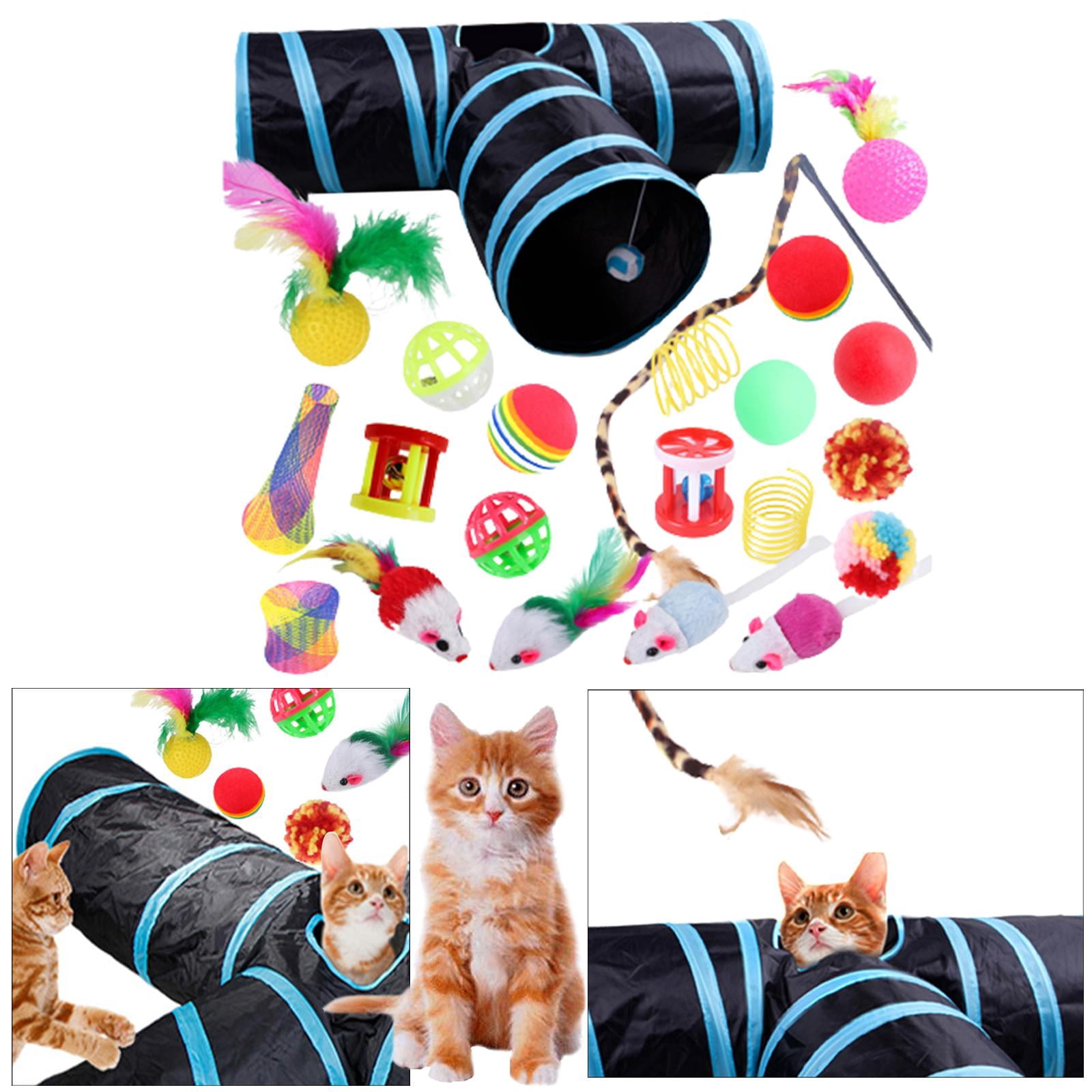 22 piece Interactive Cat Toy Sets,Collapsible Cat Tunnels for Indoor Cats, Feather Teaser Crinkle Balls Spring Toy Catnip Fish for Cats , B99502