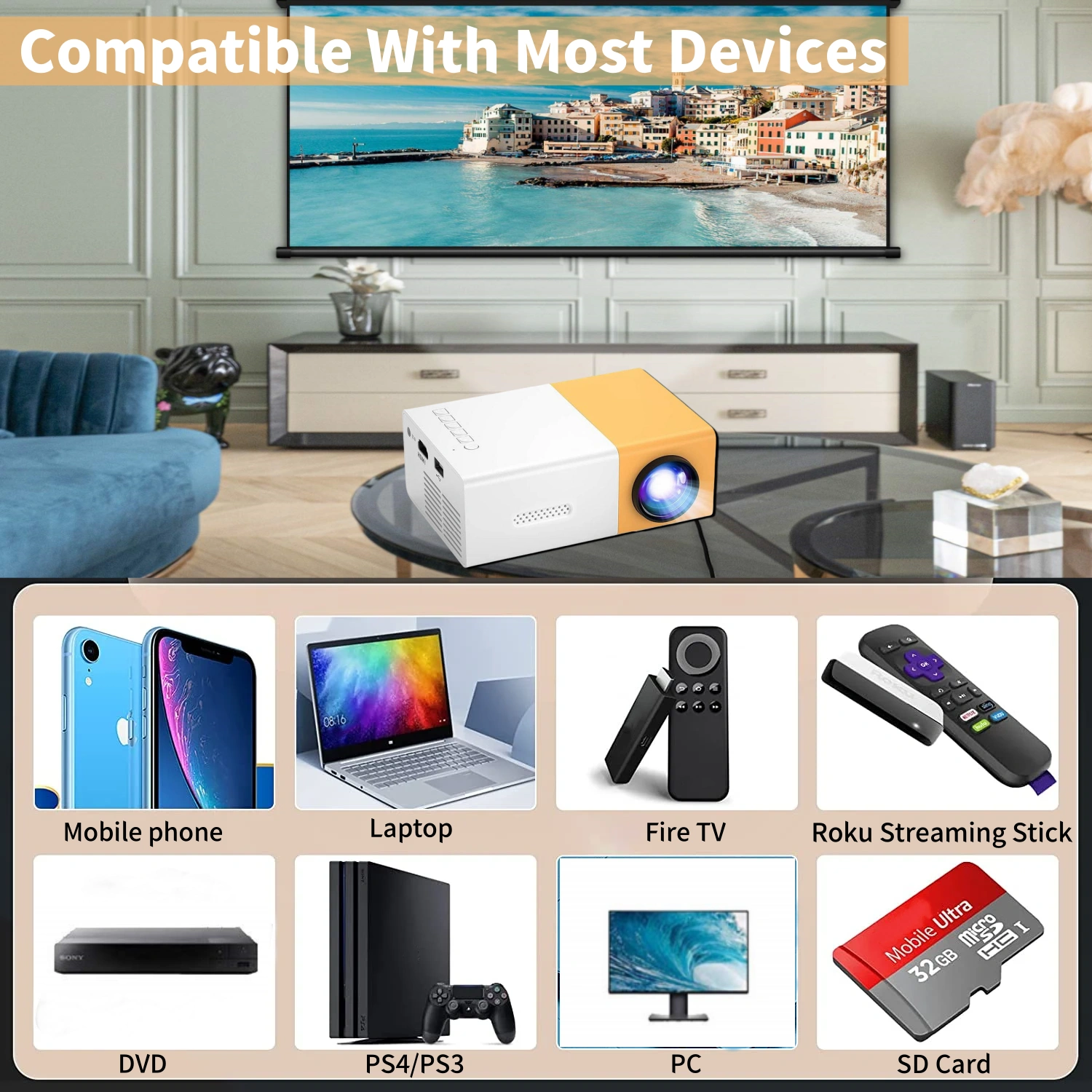 Finopo Mini Projector, Portable Movie Projector, 1920*1080p HD Smart Home Projector, LED Pico Video Phone Projector with Remote Control