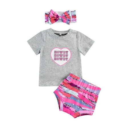 

aturustex Infant Baby Girls 3 Pieces Outfits Heart Letter Print Short Sleeve T-Shirt Tops Colorful Pattern Elastic Waist Shorts Headband Summer Sets