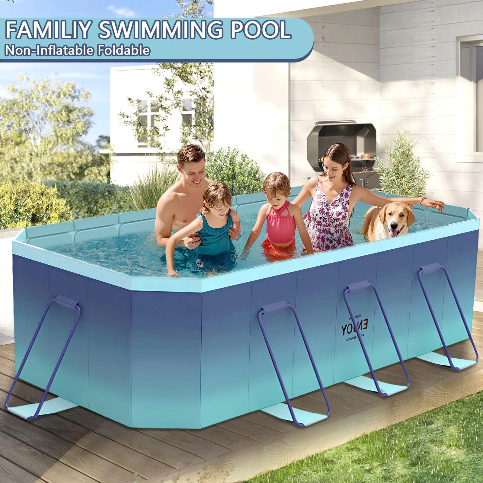 KFeng 102"  Foldable Family & Kids Swimming Pool,Metal Frame,Non - Inflatable,Blue
