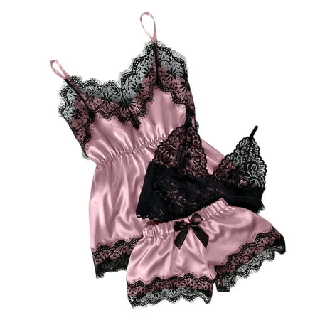 

wendunide lingerie for women Women V-Neck Eyelash Lace Sexy Stain Camisole Pajamas Bowknot Shorts Set Pink XXL