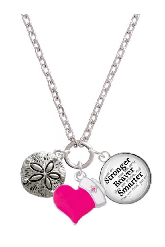 Silvertone Antiqued Sand Dollar - Hot Pink Heart Nurse Strong Zoe Necklace
