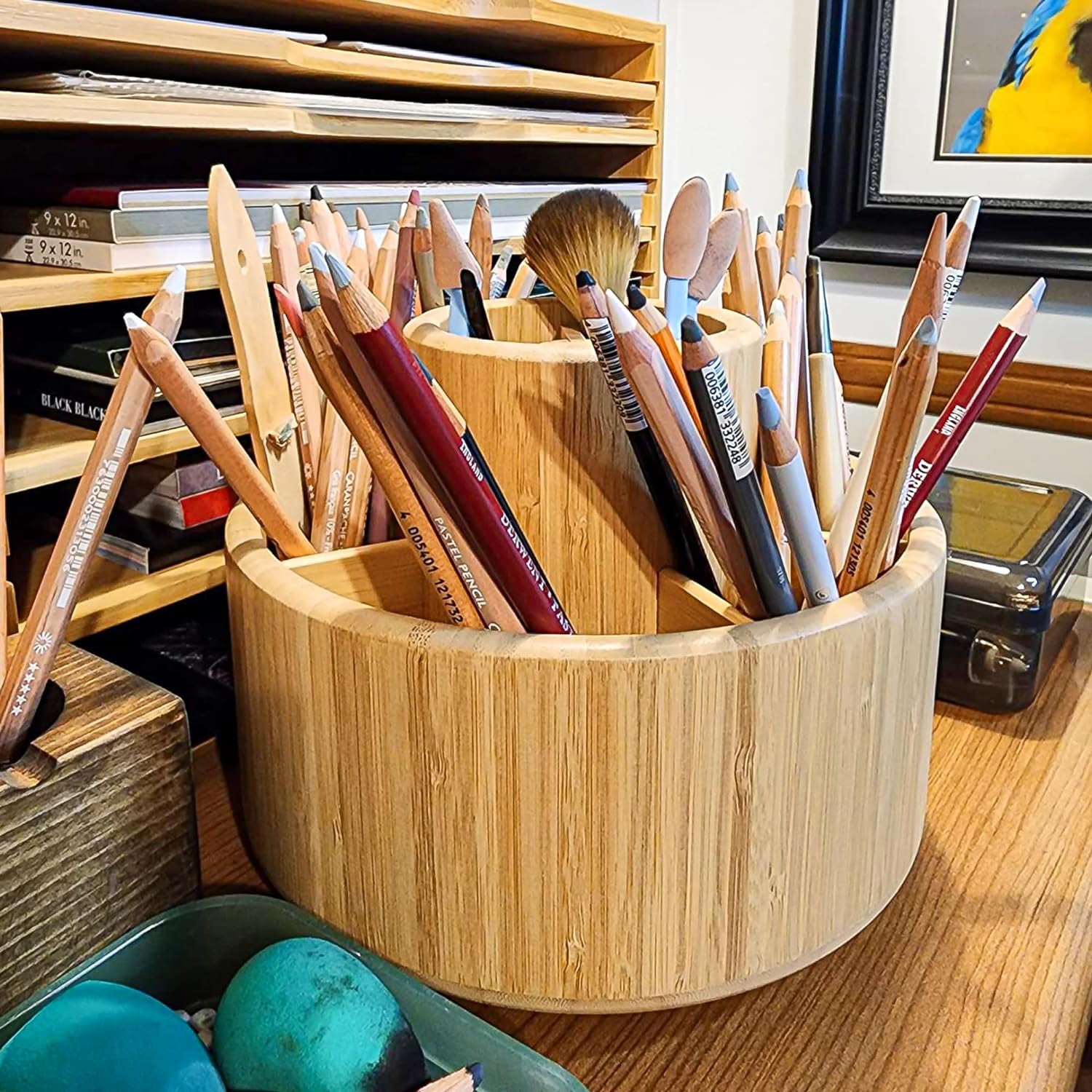 Bamboo Pen Holder Organizer, 360° Rotating Art Supply Organizer, Desktop Storage for Marker Pens, Colored Pencil, Art Brushes, etc.