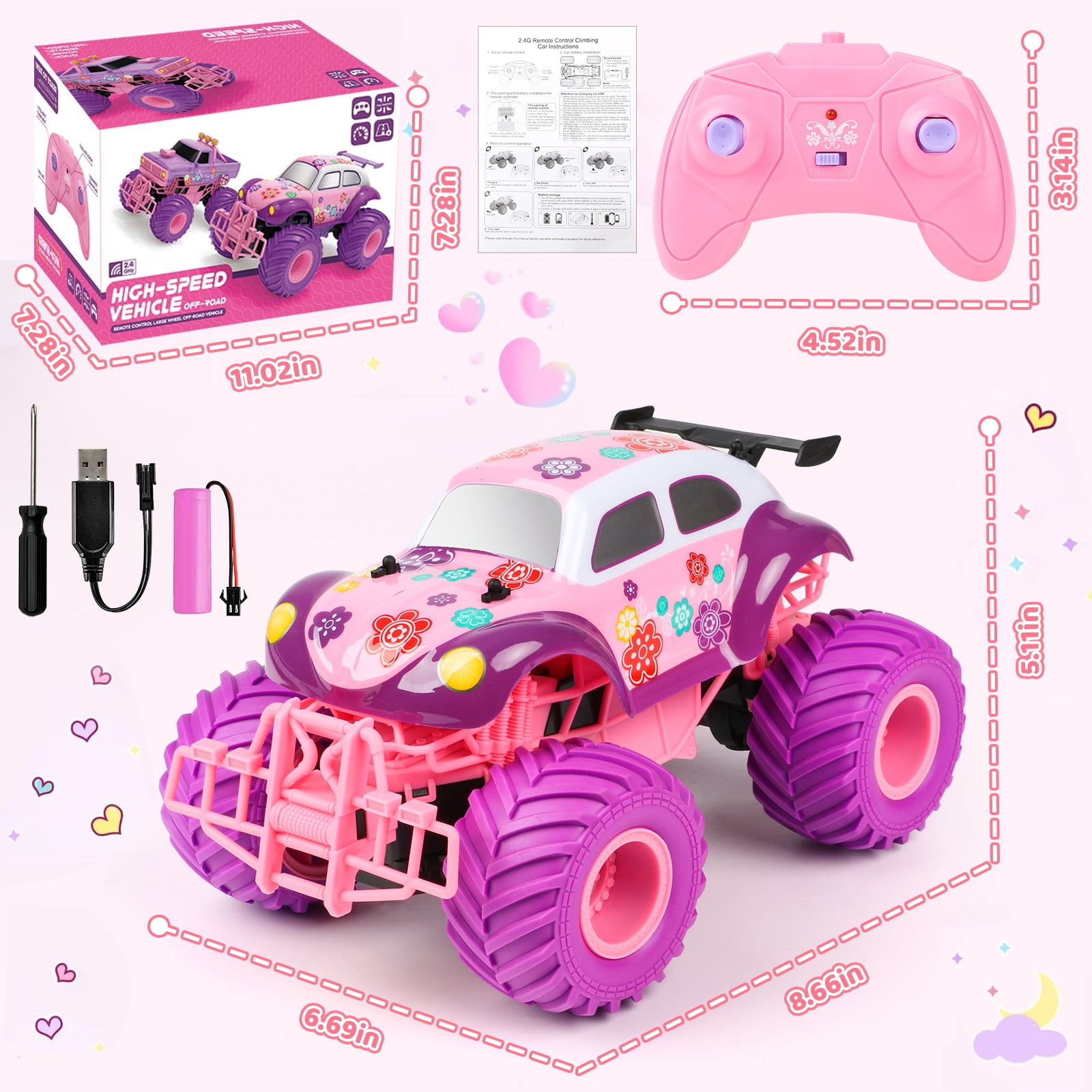 Beefunni Pink RC Car for Girls, 4WD Off-Road Remote Control Truck with 2.4GHz, Rechargeable Battery, All-Terrain RC Jeep Toy for Kids Ages 4-7, Birthday Gift for Girls