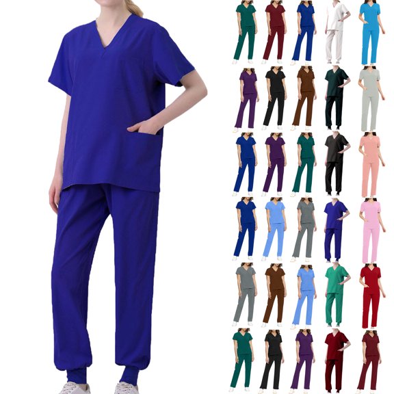 Scrub Sets for Woman Plus Size Short Sleeve V-Neck Solid Color Nursing Uniform Tops and Pants 2 Pieces with Pockets